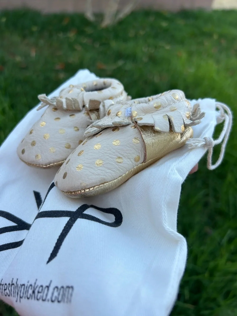 Freshly Picked Cream Moccasins with Gold Polka Dots